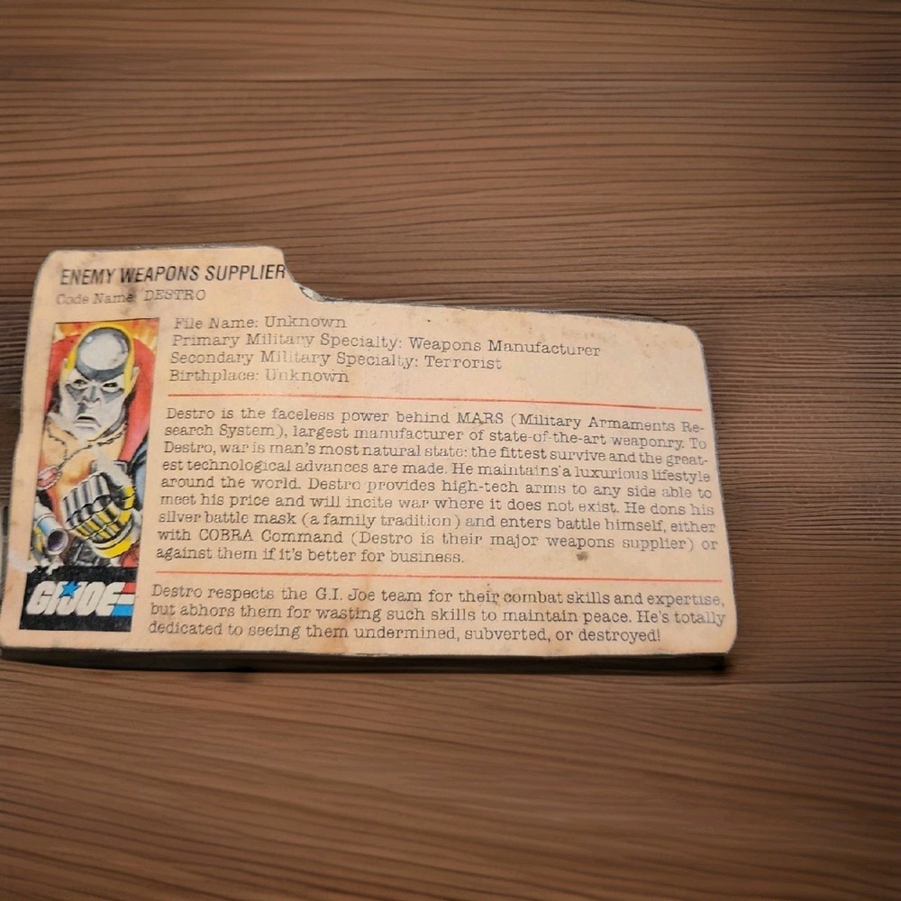 Hasbro DESTRO FILECARD Original Accessory GI Joe 1983 Enemy Weapons Supplier